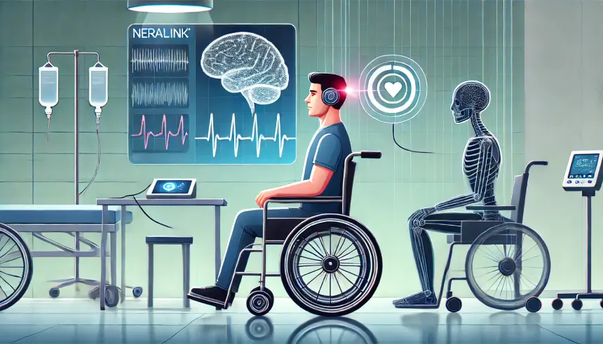 Ilustração de um paciente usando Neuralink para mover uma cadeira de rodas com seus pensamentos