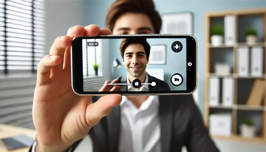 An image of a person recording a video message on their smartphone