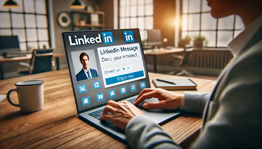 An image of a person using a laptop to send a personalized LinkedIn message. The LinkedIn interface is visible on the screen