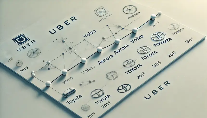 A clean and simple line graph on a white background, showing the timeline of Uber's major partnerships over the years. Each partnership is represented