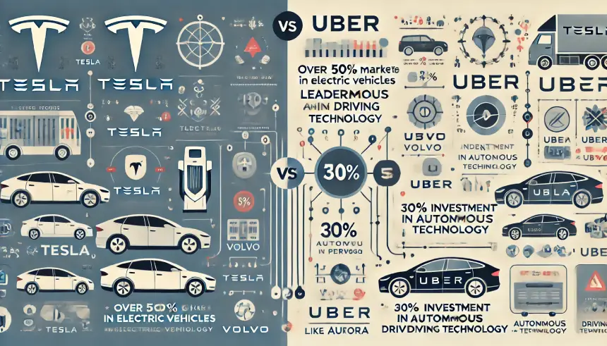 A split-screen infographic comparing Tesla and Uber. On the left side, Tesla is represented with its key statistics_ over 50% market share in electric